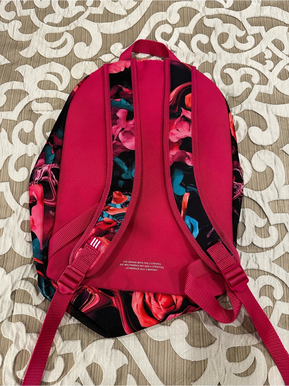 Addidas Floral Rose Print Backpack in Pink & Teal - Picture 3 of 9